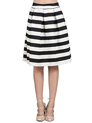 Joeoy Women's High Waist Stripe Print Flare Pleated A-Line Midi Skirt