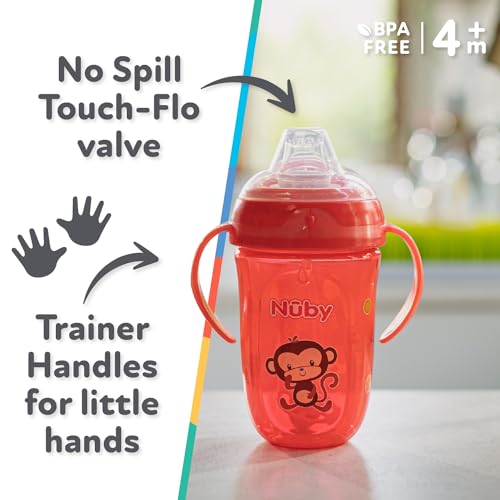 Nuby Comfort Trainer 2 Handle Cup with 360 Weighted Straw and Soft Silicone Spout, 9 Oz, Boy, Red Monkey