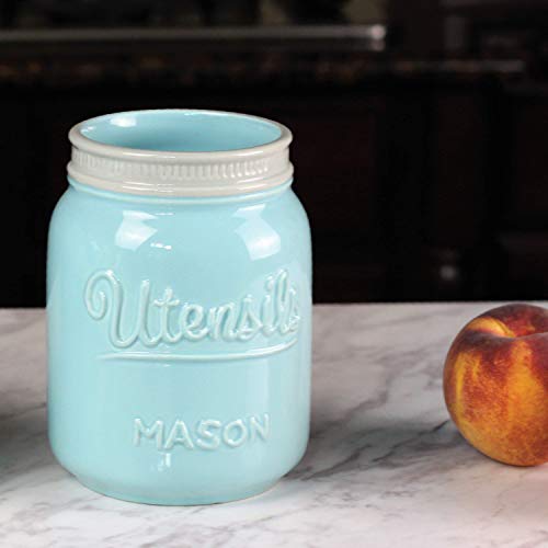 Wide Mouth Mason Utensil Holder - Large Ceramic Kitchen Utensil Holder - Rustic Farmhouse Caddy Organizer For Cooking Utensils, Spatula, Accessories - Beautiful Farm House Countertop Crock Decor