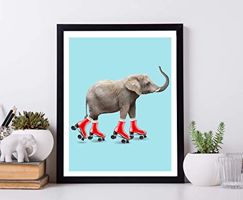 Elephant Roller Skating Art Print Poster - Fun and Cute, Elephant on Red Roller Skates Kid's Bedroom, Nursery & Home Wall Decor - This Loveable Art Print Poster Measures 11x14 inches, Unframed