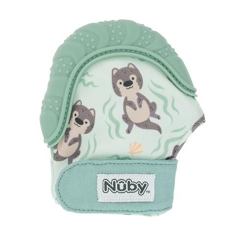 Nuby Happy Hands Silicone Teething Mitten, Soft Silicone Massaging Teether for Sore Gums, Easy-to-Wear Baby Teething Mitten with Secure Closure, Machine Washable & Ideal for Early Teethers, Otter