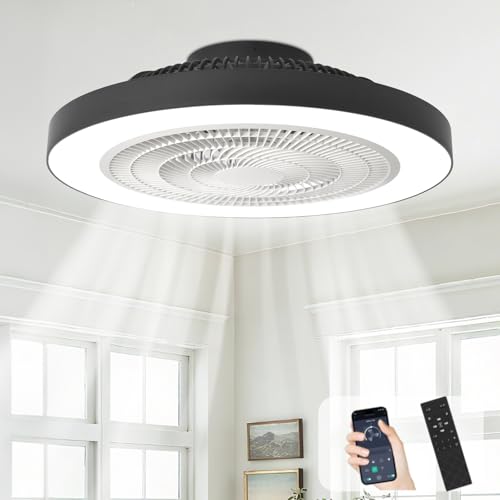 Depuley Recessed Ceiling Fan: 20 inch Discreet Ceiling Fans for Bedroom with Lighting - Application and Remote Control Black Bladeless Fan for Kitchen