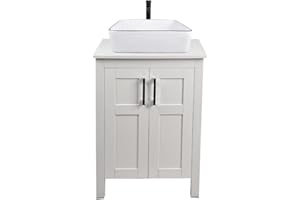 Puluomis 24” Bathroom Vanity Sink Combo White Cabinet Vanity and White Ceramic Vessel Sink with Black Faucet & Pop Up Drain