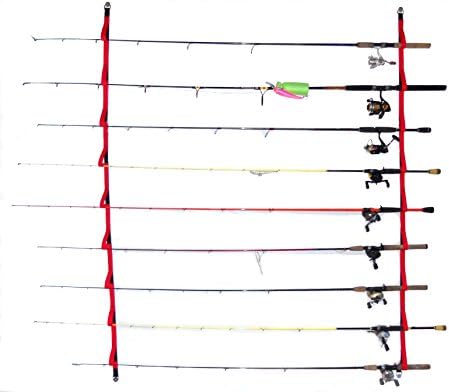 Overhead or Wall Fishing Rod Rack, Rod Storage System suspends your rods in soft webbing loops protecting your equipment's finish. The 72"version has 9 positions 46"has 6. Hardware included