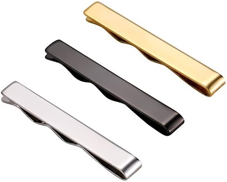 3 Pc Mens Tie Bar Pinch Clip Set for Regular Ties 2.1 Inch, Silver, Black, Gold in Gift Box, by ITEMporia