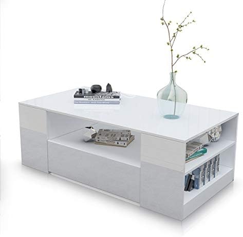 LUXSUITE Coffee Table, high Gloss Modern Side Table with 4 Storage Inside and 2 Drawers, for Living Room - White