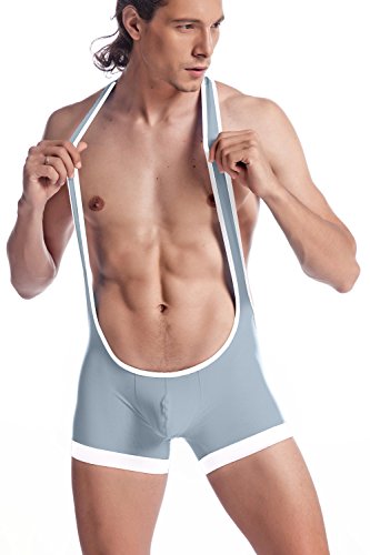 ONEFIT Mens Open Back Bodywear Sexy Lingerie Bodysuit Singlet Struggles Grey Large