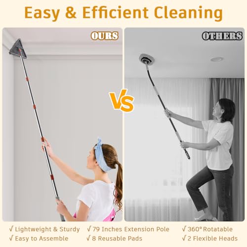 200cm Wall Cleaner Mop with Long Handle Adjustable Baseboard Mop Sweeper | Ceiling Cleaning Tool Duster, Squeegee, with Extendable Pole 2 Heads 8 Reusable Pads, for Window Floor, 3-in-1, Triangle