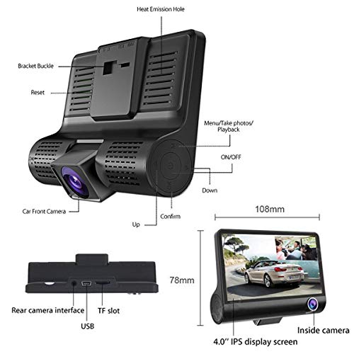 Leoie 4'' 1080P 3 Lens Car DVR Dash Cam 170° Vehicle Video Recorder Rearview Camera