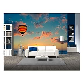 Hot Air Balloon with Sunset at The Sea Background - Removable Wall Mural | Self-Adhesive Large Wallpaper - 66x96 inches