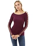 PattyBoutik Women Boatneck Lace Up Long Sleeve Ribbed Sweater (Magenta Small)