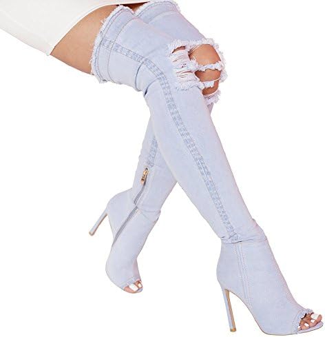 STASSI Womens Over the Knee Distressed Thigh High Denim Boots by The Loud Factory (7.5, Light Blue Denim)