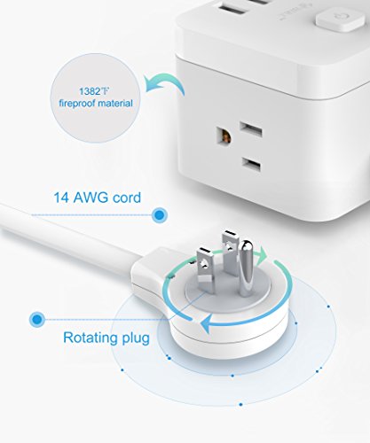 BULL Smart Power Strip Surge Protector with Rotating Flat Plug, USB charging station for desktop, nightstand and more, 3 USB 3AC Outlets Cubic Space Saving Design, 1875W, with 14AWG 5ft Extension Cord