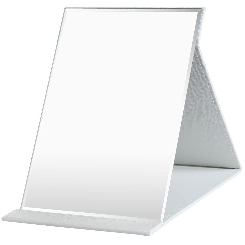 OSDUE Folding Tabletop Mirror, 21.5 * 15.5cm White PU Leather Portable Travel and Desktop Vanity Mirror with Stand for Office Desk, Vanity Table, Camping