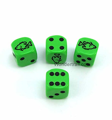 WKP12712E4 Fish Dice D6 Green Opaque with Black Pips 16mm (5/8in) Set of 4 Dice Koplow Games
