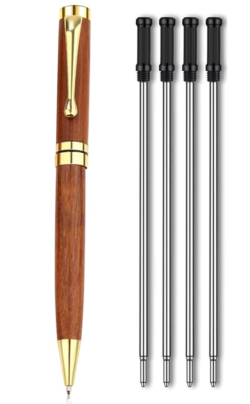 LAOJU Ballpoint Pen Retractable Point Pen Wooden with Metal Trim Medium Black Ink Pens with 4PCS Refills, Gift Boxed