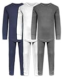 Boys Long John Ultra-Soft Cotton Sung Fit Base Layer Underwear Sets / 3 Long Sleeve Tops + 3 Long Pants – 6 Piece Mix & Match
