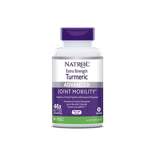 Natrol Extra Strength Turmeric Capsules, Supports Cellular, Inflammatory, Heart, Joint and Brain Health, Clinically Proven CurcuWIN, 46x Better Absorption, 60 Count