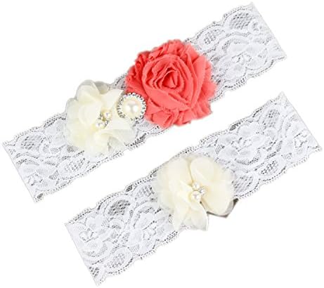 Women's Flower Lace Beaded 2 Piece Set Vintage Wedding Garters Bridal Accessories Coral Ivory