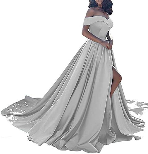Jazylynbride Women's Off The Shoulder A Line Satin Prom Dress Long Formal Evening Gown with Slit
