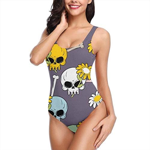 Hipiyoled Womens One Piece Bikini Swimsuit Skulls and Flowers Pattern Swim Halter Bathing Suit Tummy Control Beach Swimwear