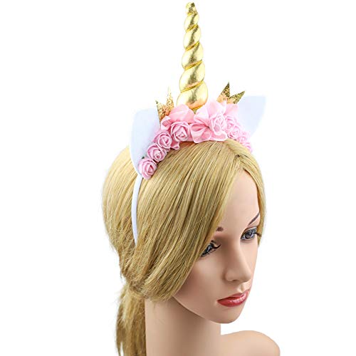 Mwfus Shining Unicorn Horn Ears Flower Headband Halloween Cosplay Costume Party Headdress - Thumbnail 2