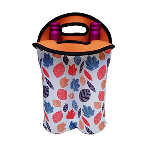 QAZSE Neoprene Wine Tote Bag 2-Bottle Carrier Reusable Thicken Durable Insulated Champagne Bottle Gift Bags for Travel, Party, Picnic, Colorful Leaves