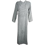 Mogul Womens Maxi Dress Stonewashed Neck Embroidered Boho Festive Tunic Shift Dresses