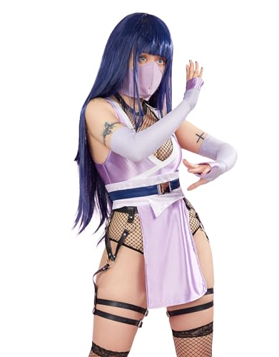 Mobbunny Womens Anime Cosplay Costume Purple High Slit Bodysuit Fishnet Mesh Bodysuit with Mask and Thigh Socks