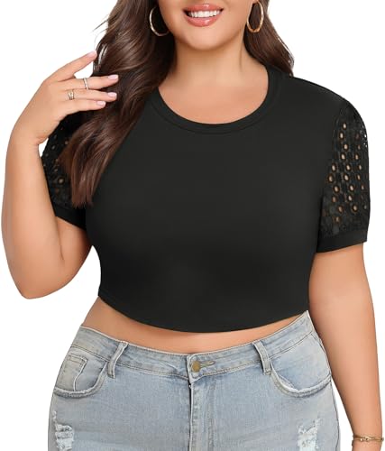 Lastshe Plus Size Crop Tops for Women Lace Short Sleeve Basic Workout Tshirts Summer Spring Gym Cute Athletic Tees,Black,4X at Amazon
