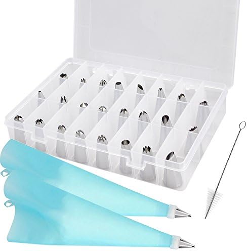 29-Piece Cake Decorating Tips Kits, SKmoon Stainless Steel Icing Tip Set Tools with 2 Silicone Pastry Bags 2 Reusable Plastic Couplers 1 Cleaning Brush for Cakes Cupcakes Cookies Pastry