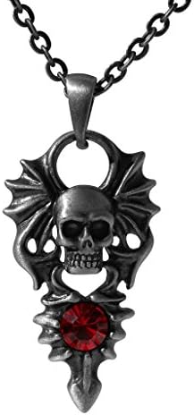 Masada Jewelry, Winged Skull with Red Stone, Pewter Pendant Necklace