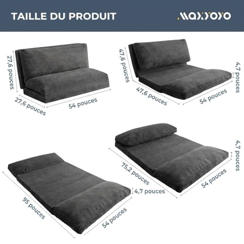 MAXYOYO Folding Bean Bag Chair with Foam Padding, Extra Thick 4 Layers, Mattress/Floor Sofa for Adults, Removable and Machine Washable Cover, Charcoal, 135 x 240 cm