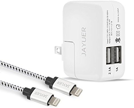Jayuer Dual USB Universal Portable Wall Charger with 6-Feet and 10-Feet Lightning to USB Data Sync Cable for Apple Devices (White)