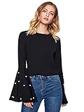 Floerns Women's Beading Bell Sleeve Ribbed T Shirts Tops