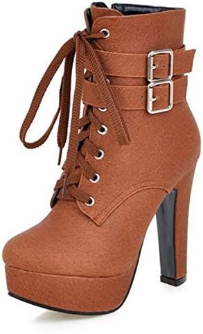 Boots For Women Fashion Ankle High Heels Buckle Round Toe Platform Sexy Style Brown 9
