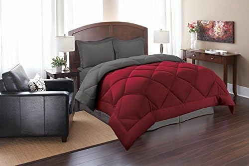Elegance Linen Silky Soft Goose Down Alternative Reversible 3-Piece Comforter Set, Full/Queen, Red/Gray