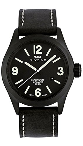 Glycine Incursore Automatic PVD Coated Stainless Steel Mens Strap Watch Black Dial Calendar 3874.99T