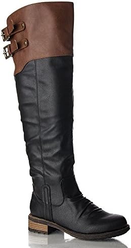 Qupid Relax-01XX Vegan Leatherette Double Buckle Two Tone Stacked Heel Knee High Boot BLACK TAN PU (7)