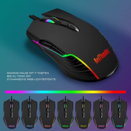 RedThunder K10 Gaming Keyboard and Mouse Set, QWERTZ DE Layout, Metal Plate and Wrist Rest, RGB Backlight and 7D with Ergonomic for PC Gamers (Black)