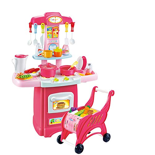 Kids Electronic Kitchen Play Set And Shopping Cart Chess Set ,Toddler Kitchen Cooking Set Pink,Kids Kitchen Pretend Play Food For Girls Boys 3-12 Years Old (Multicolor/Ship from US)