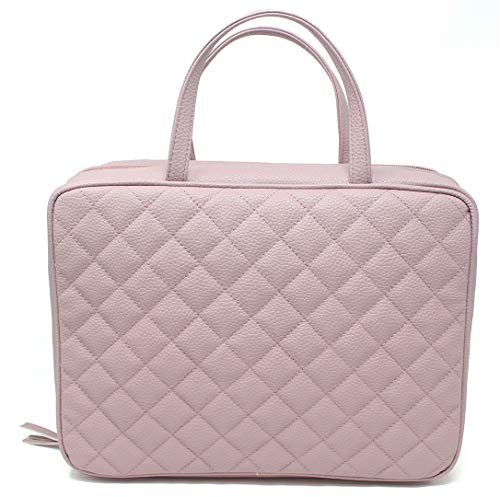 Leather Toiletry Travel Bag for Women - Large Cosmetic Size with 4 Pockets - Rose Gold Hardware and Satin Interior - Dusty Pink