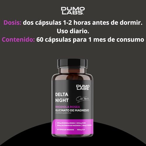 DUMO Delta Night | Capsulas para Dormir y Relajación | Suplemento Natural para el Sueño con GABA, Albahaca Sagrada, 5-HTP y Magnesio | Apoyo al Descanso Profundo y Equilibrio Mental | 60 Cápsulas Veganas sin Gluten | 1 Mes de Consumo