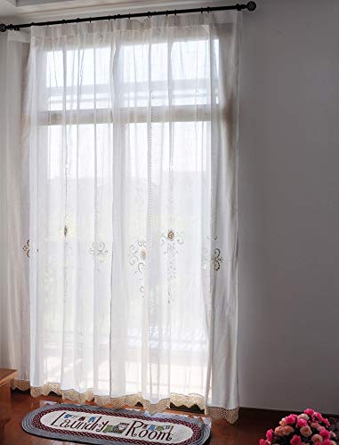 DOKOT Long Solid Embroidery Rod Pocket Window Curtains/Drape/Panels/Treatment Cotton Linen with Crochet Border, 71x100 inches (71" W x 102" H(180x260cm), White Embroidery Sheer) - Thumbnail 4