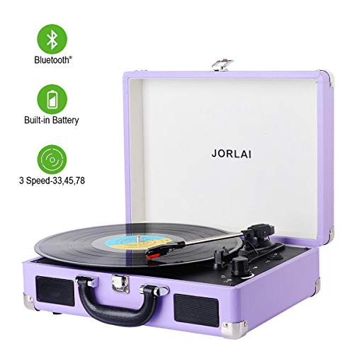 Vinyl Record Player JORLAI Turntable, 3 Speed BT Record Player Suitcase with Built in Speakers/Rechargable Battery/Vinyl-to-MP3 Recording/Headphone Jack/Aux Input/RCA Line Out – Lavender