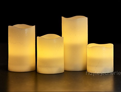 Hayley Cherie - Textured Real Wax Flameless Candles with Timer (Set of 4) - LED Candles 3, 4, 5, 6 inches Tall - Flickering Amber Flame - Battery Operated Pillar Candles - Large Unscented