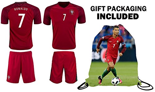 Fan Kitbag Ronaldo #7 Portugal Home Youth Soccer Jersey & Shorts Kids Premium Gift Kitbag ✮ BONUS Ronaldo #7 Drawstring Backpack (Youth Medium 8-10 years, Home Short Sleeve)