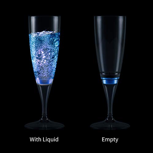 LED Champagne Wine, Liquid Activated Champagne Glasses, GLORIOUS-LITE LED Light Flute Up Glasses 5oz, Safe PS Material, Set of 6, Perfect for Wedding, Birthday Party, Bar