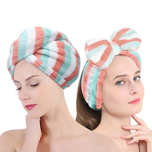DUEBEL Microfiber Hair Turban Drying Towel Wrap with Makeup Bow Headband, Super Absorbent for