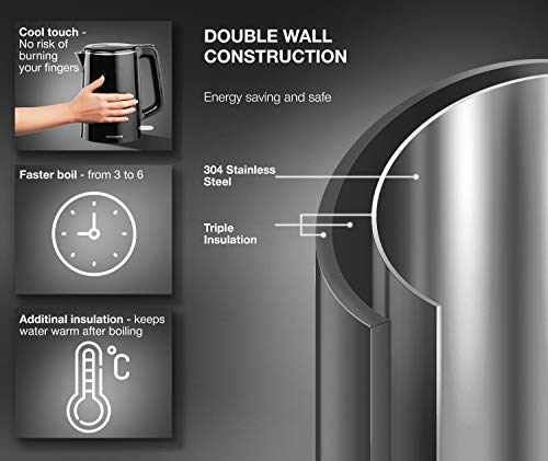Premium Cordless Hot Water Electric Tea Kettle - Automatic Shut Off - Double Wall Cool Touch - Water Heater Boiler, Fast Boil - Portable Kettle - British Strix Сontroller